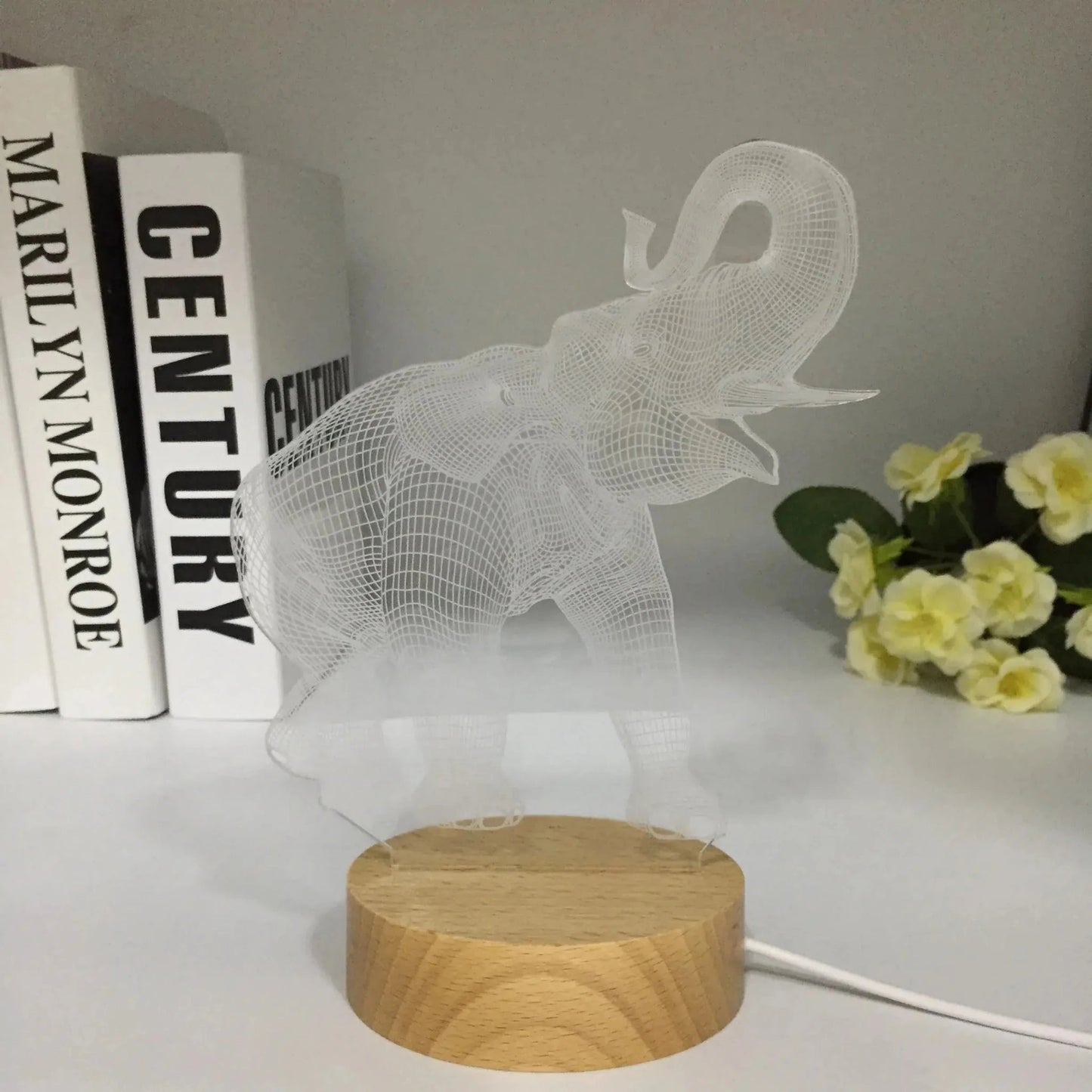 Niedliche 3D Nachtlampe Elefant mit Holzsockel für Kinder - Nachtlicht Kinder