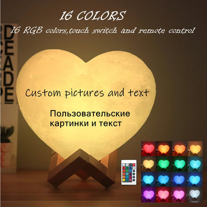 Angepasst Herz Form Mond Lampe 3D druck Personalisierte Foto Text Lunar USB Lade Nacht Lampe Benutzerdefinierte geschenk
