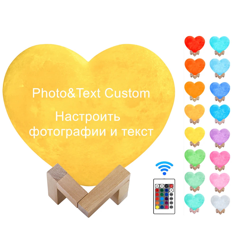 Angepasst Herz Form Mond Lampe 3D druck Personalisierte Foto Text Lunar USB Lade Nacht Lampe Benutzerdefinierte geschenk