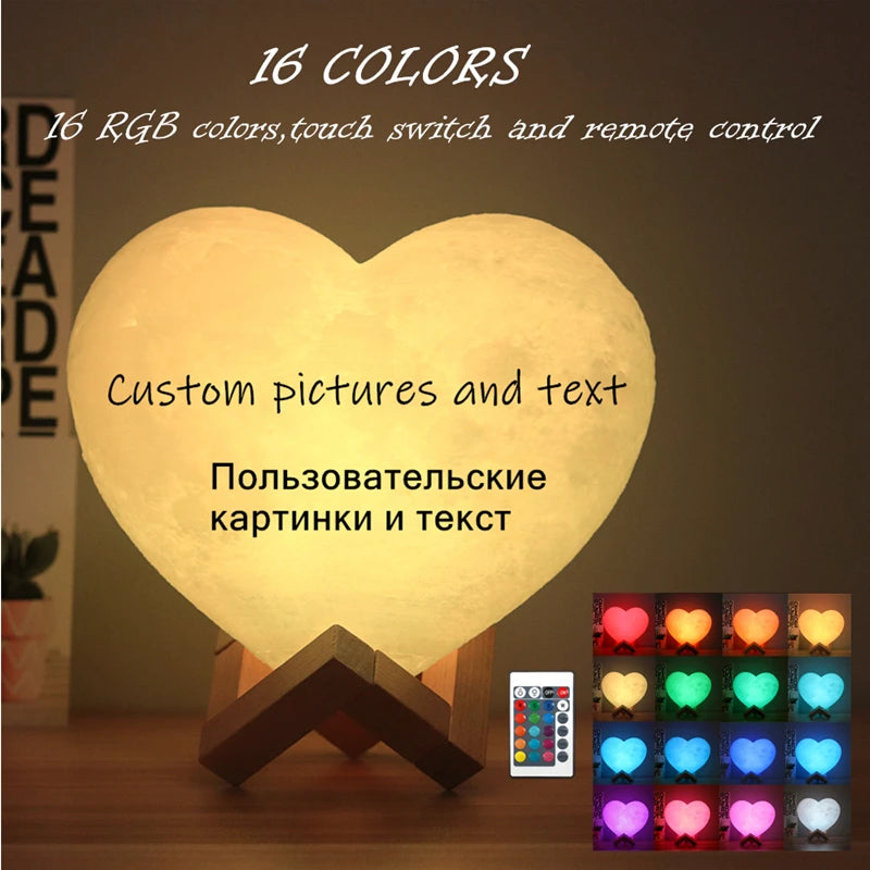 Angepasst Herz Form Mond Lampe 3D druck Personalisierte Foto Text Lunar USB Lade Nacht Lampe Benutzerdefinierte geschenk