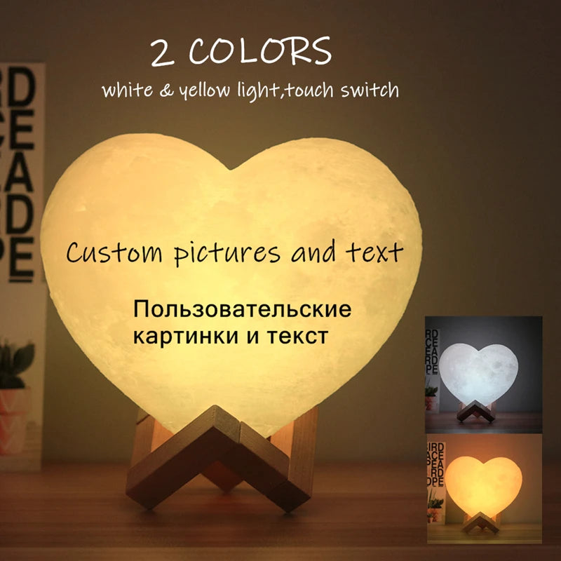 Angepasst Herz Form Mond Lampe 3D druck Personalisierte Foto Text Lunar USB Lade Nacht Lampe Benutzerdefinierte geschenk