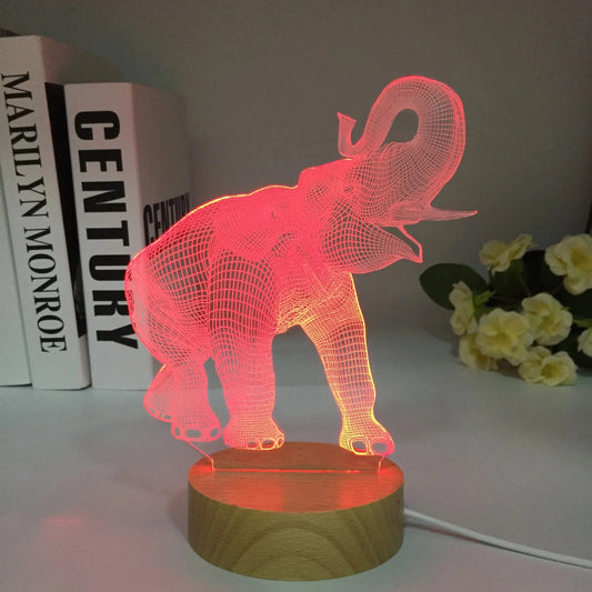 Niedliche 3D Nachtlampe Elefant mit Holzsockel für Kinder-Nachtlicht-Ma boutique