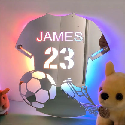 Personalisiertes Fußballtrikot, Spiegelleuchte, individueller Name, einheitliche Nummer, LED-Spiegel, Nachtlicht, Raumdekoration, Weihnachtsgeschenke