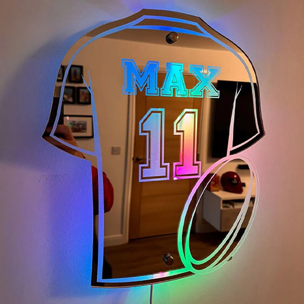 Personalisiertes Basketball-Trikot, Spiegellicht, individuelles Fußball-Trikot, Name, Uniform, Nummer, LED-Wandspiegel, Schlafzimmer-Dekoration, Geschenke