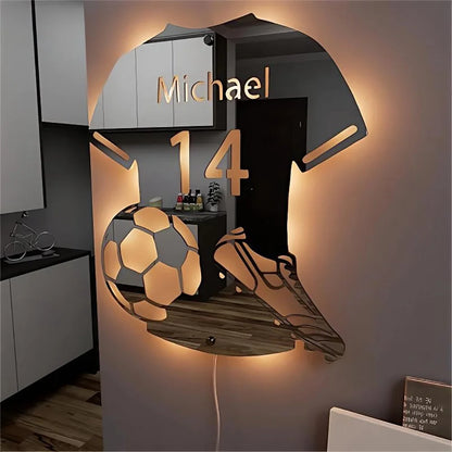 Personalisiertes Fußballtrikot, Spiegelleuchte, individueller Name, einheitliche Nummer, LED-Spiegel, Nachtlicht, Raumdekoration, Weihnachtsgeschenke