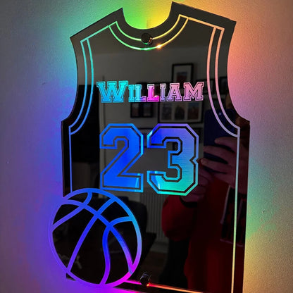 Personalisiertes Basketball-Trikot, Spiegellicht, individuelles Fußball-Trikot, Name, Uniform, Nummer, LED-Wandspiegel, Schlafzimmer-Dekoration, Geschenke