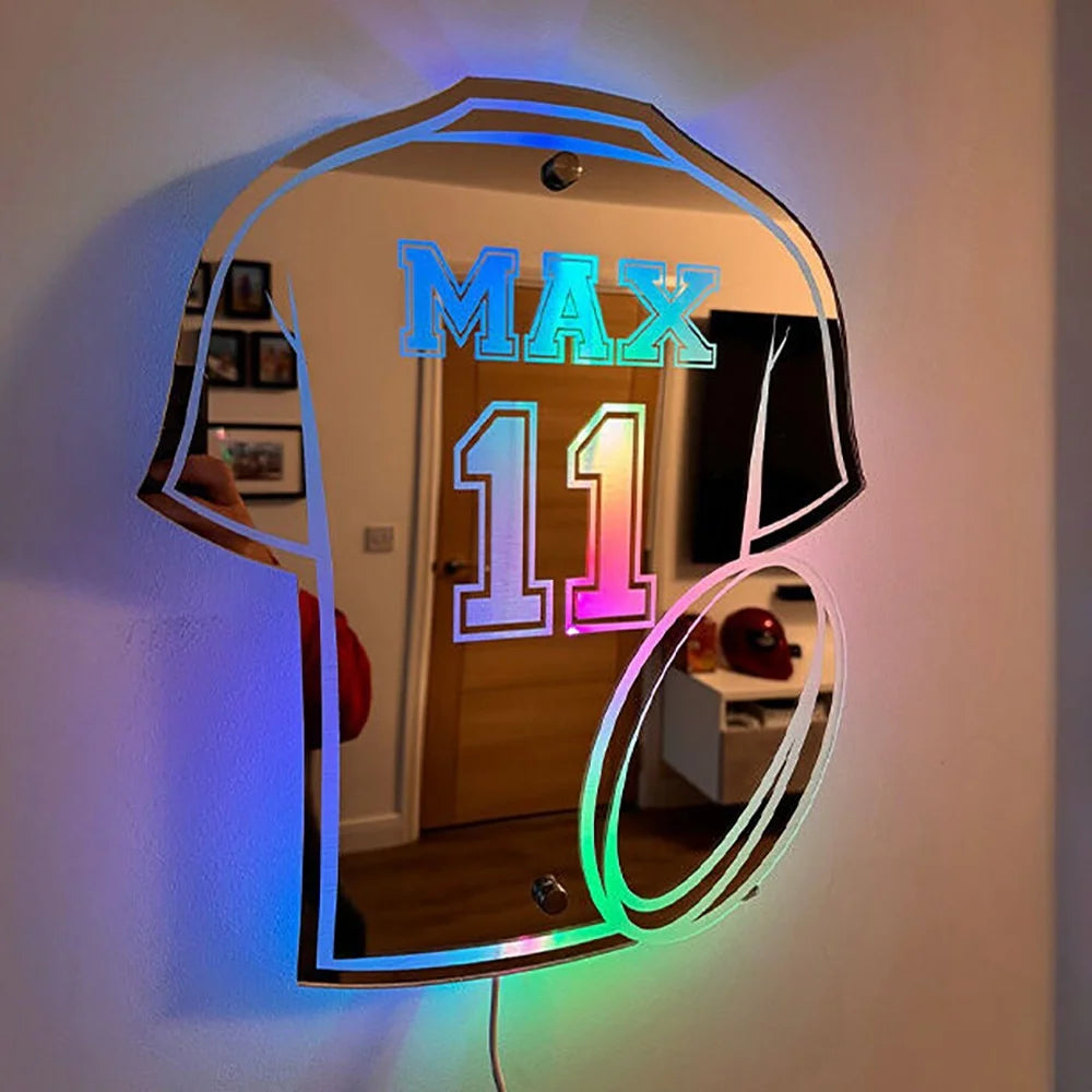 Personalisiertes Basketball-Trikot, Spiegellicht, individuelles Fußball-Trikot, Name, Uniform, Nummer, LED-Wandspiegel, Schlafzimmer-Dekoration, Geschenke