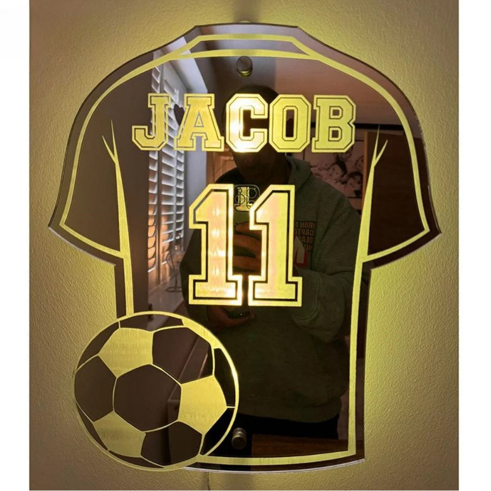 Personalisiertes Fußballtrikot, Spiegelleuchte, individueller Name, einheitliche Nummer, LED-Spiegel, Nachtlicht, Raumdekoration, Weihnachtsgeschenke
