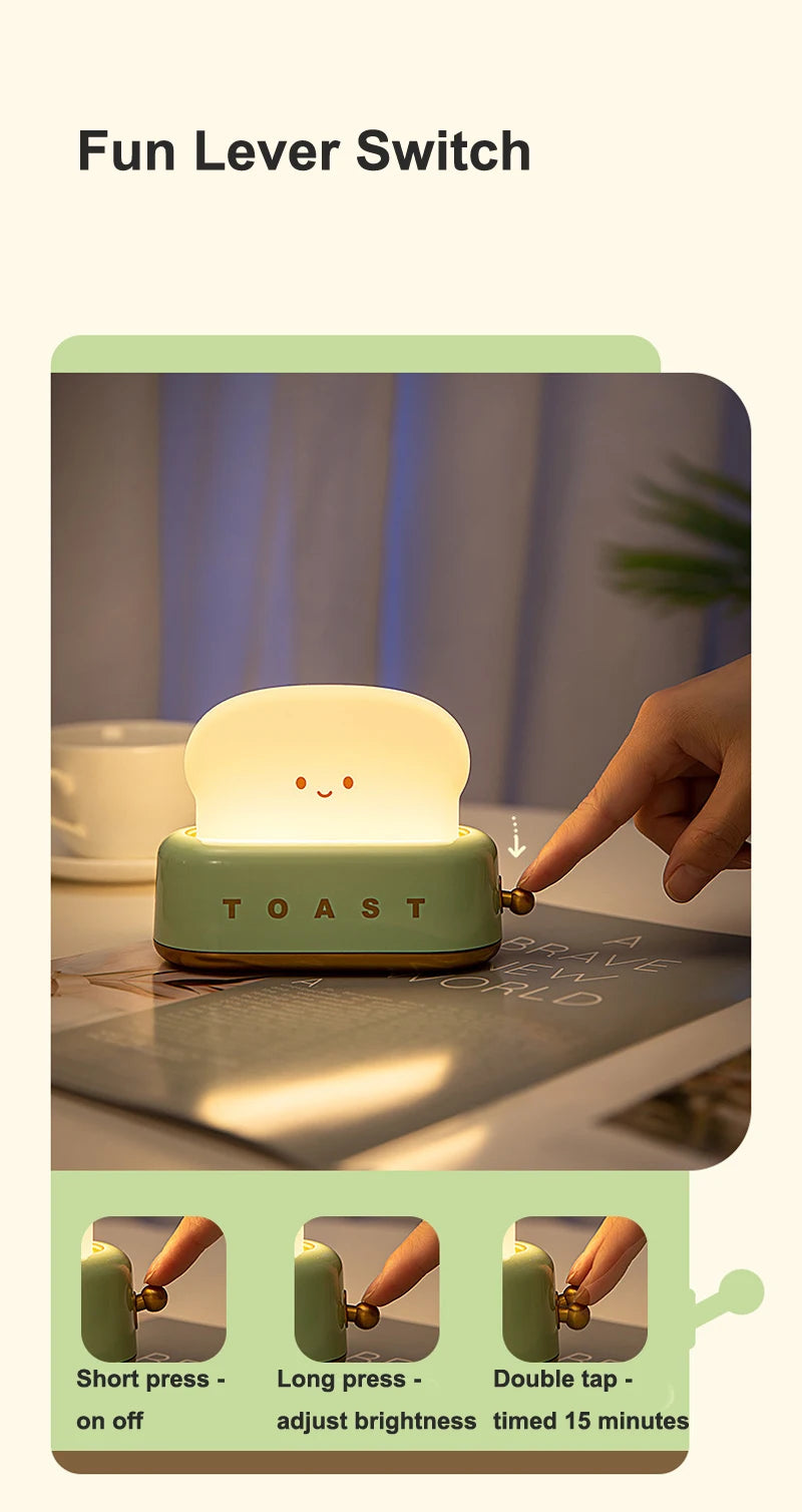 BANDIAN Brot Toast Cartoon LED Nachtlicht Nette Wohnkultur Kawaii Brot Tisch Lampen Nacht Tragbare Licht mit Timer Winzige Lampe