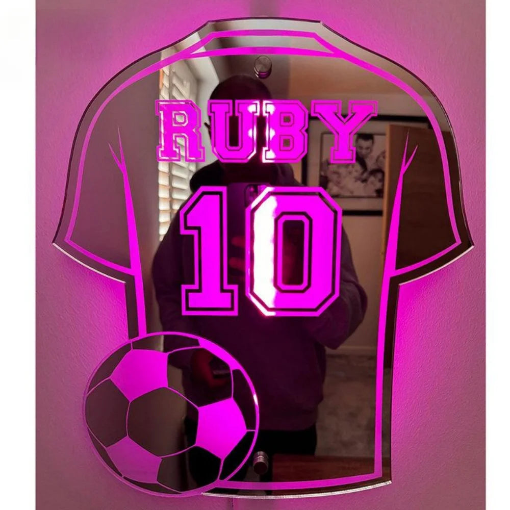Personalisiertes Fußballtrikot, Spiegelleuchte, individueller Name, einheitliche Nummer, LED-Spiegel, Nachtlicht, Raumdekoration, Weihnachtsgeschenke